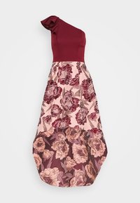 Sukienka na jedno ramię w kolorach bordowym i różowym, zdobiona kwiatowymi wzorami w różnych odcieniach. Gładka góra przechodząca w bufiasty dół.