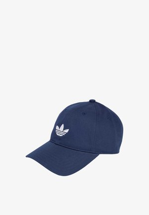 Navy blue cotton baseball cap with a curved brim and white embroidered three-stripe logo on the front. Features ventilation holes.