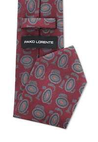 Bordowa krawat z teksturowanej tkaniny z wzorem szarych i pomarańczowych owalnych oraz linii. Metka: Pako Lorente. Slim fit, spiczasty koniec.