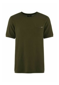 Oliwkowa koszulka z krótkim rękawem, okrągłym dekoltem, teksturowanym materiałem i kieszenią na lewym piersiu z małym logo.