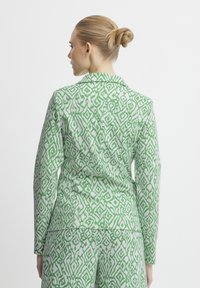 Green and white patterned blazer with a geometric design. Features a notch collar, long sleeves, and a tailored fit.