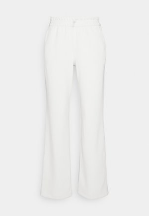 Pantalones blancos de pierna ancha con cintura elástica y cordón de ajuste. Tejido suave con una textura lisa, sin patrones ni detalles de hardware.