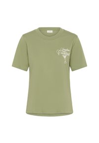 T-shirt vert olive à manches courtes en coton doux ; présente "Sunshine and Cocktail" imprimé en blanc avec un graphique de verre à cocktail.