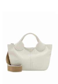 Witte leren handtas met ronde handvatten, een gestructureerde afwerking en een afneembare beige schouderriem. Kenmerkt zich door de gladde lijnen en een minimalistisch design.