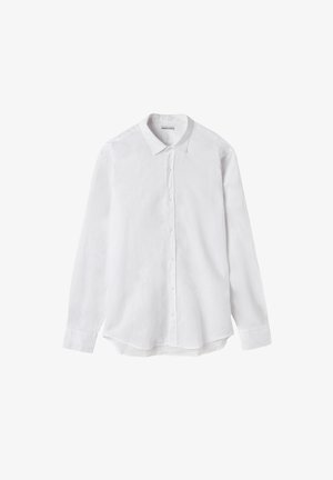Witte lange mouwen overhemd met knopen, gemaakt van lichtgewicht stof. Heeft een klassieke kraag, volledige voorflap en afgeronde zoom.