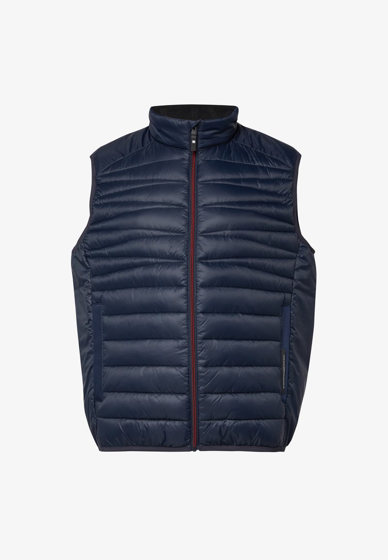 Chaleco aislante azul marino con cuello alto, con secciones acolchadas horizontales y cremallera frontal con detalles en rojo. Sin mangas.