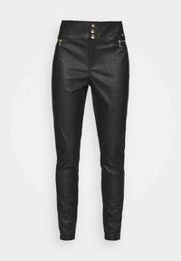 Zwarte faux leren broeken met een hoge tailleband, drie gouden knopen en zijzakken met rits. Slim fit met een gladde textuur.