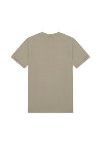 Πράσινο ελιάς βαμβακερό μπλουζάκι με κοντά μανίκια, με στρογγυλή λαιμόκοψη και απλό, αδιάκοπο πίσω σχέδιο. Μαλακή, λεία υφή.