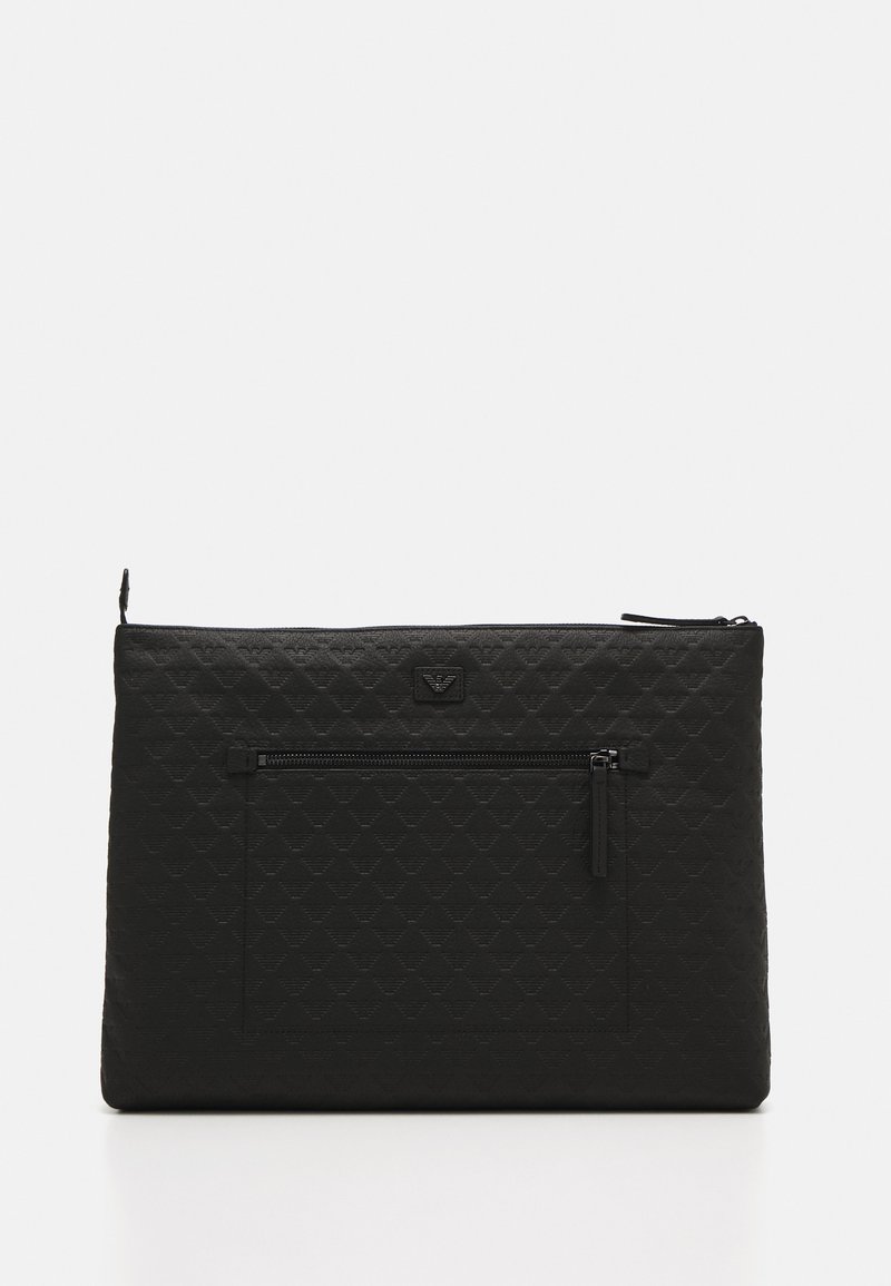 Black laptop bag with textured pattern, zippered main compartment, and front pocket. Features logo on the front. Smooth fabric finish.