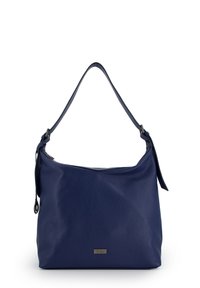 Marineblaue Leder-Schultertasche mit weicher Textur, abgerundeter Form, verstellbarem Riemen und einer kleinen Metall-Logoplatte auf der Vorderseite.