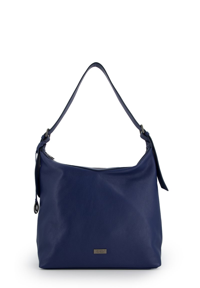 Marineblaue Leder-Schultertasche mit weicher Textur, abgerundeter Form, verstellbarem Riemen und einer kleinen Metall-Logoplatte auf der Vorderseite.