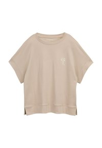 Sweatshirt beige clair à manches courtes avec un col rond, des fentes sur les côtés à l'ourlet, et une petite broderie de fleur blanche à l'avant.