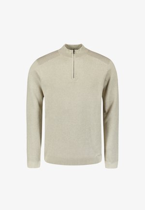 Beige knitted pullover with long sleeves, ribbed collar, cuffs, and hem, featuring a short black zipper at the neck.
