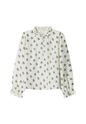 Witte blouse met lange mouwen met een kleine donkere bloemenprint, plooikraag, knoopsluiting aan de voorkant en elastische geplooide manchetten aan de mouwen.