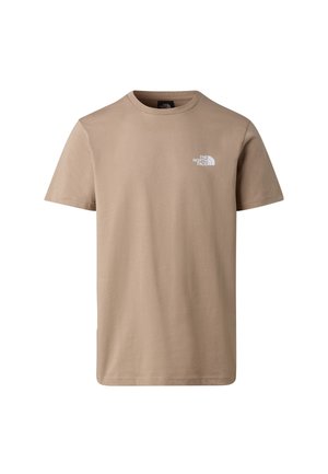 Beige short-sleeve crew neck t-shirt with "The North Face" logo on the left chest against white background.