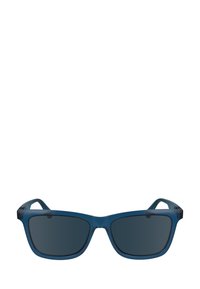Ochelari de soare din plastic cu o ramă de culoare albastru închis, formă rectangulară și lentile întunecate. Dispune de sprijine texturate și detalii subtile din metal.
