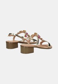 Sandali in metallo dorato con tacco basso in legno marrone, decorati con gemme rosa e un design a cinturino con cinghie alla caviglia regolabili.