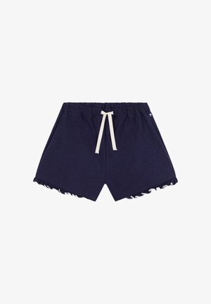 Marineblaue Shorts mit elastischem Bund und elfenbeinfarbener Kordel; mit Rüschen am Saum. Hergestellt aus weichem, leichtem Stoff.