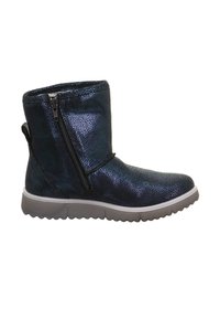 Stiefeletten in metallischem Dunkelblau und Schwarz, mit einer strukturierten Oberfläche, seitlichem Reißverschluss und einer flexiblen grauen Gummisohle.