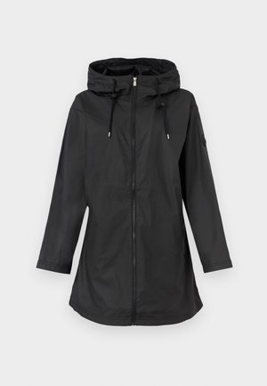 Schwarzer langer Regenmantel mit Kapuze, Reißverschluss vorne und Kordelverschlüssen, flach auf einem neutralen Hintergrund ausgelegt.