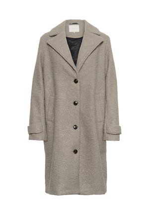 Gray textured coat featuring a notched collar, black lining, large buttons, and fold-over cuffs. Mid-length design with side pockets.