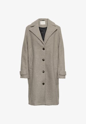 Halli tekstuurne mantel, millel on nurgeline krae, must vooder, suured nööbid ja volditud mansetid. Poolpikk disain koos küljetaskutega.