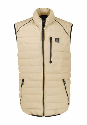 Beige quiltet ærmeløs vest med stående krave, tre lynlåslommer og sorte kantdetaljer på skuldre og kanter.
