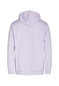 Lavender hoodie made of soft material, featuring a large hood, long sleeves, and a relaxed fit. Back view highlights smooth texture.