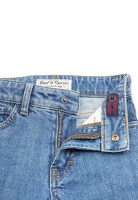 Children's blue denim jeans with unzipped fly, snap and button closures, and an adjustable waistband with a button hole elastic.