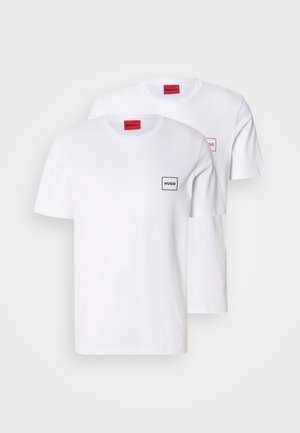Two white cotton T-shirts with short sleeves, featuring a black and a red rectangular logo on the chest. Simple design, crew neckline.