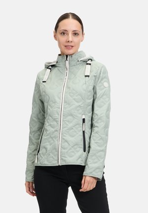 Light green quilted jacket with a high collar, white zipper, and black accents. Features an adjustable hood and side zip pockets.