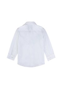 Camicia bianca a maniche lunghe con colletto a punta, polsini con bottoni e una texture del tessuto liscia. Presenta un orlo curvo e nessun logo visibile.