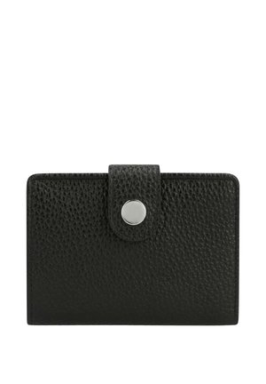 Schwarze strukturierte Lederbrieftasche mit Druckknopfverschluss an einem kurzen Riemen, rechteckige Form, flaches Design.