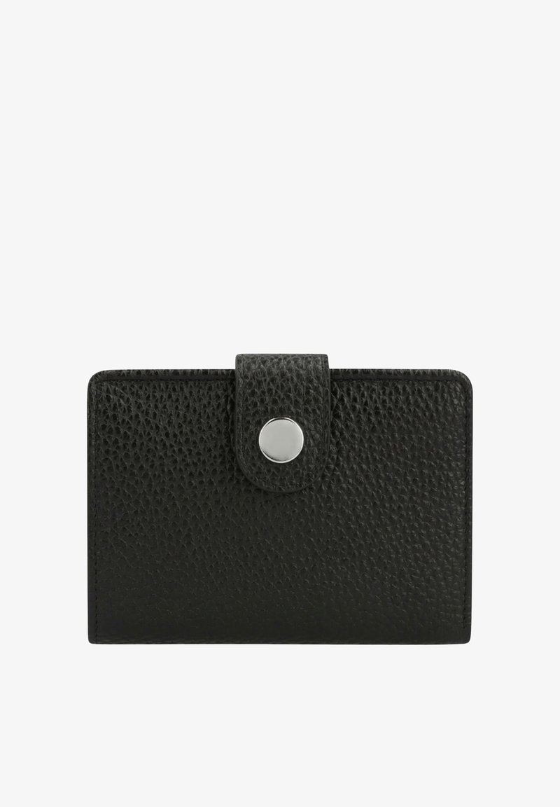 Portefeuille en cuir noir texturé avec une fermeture à bouton-pression sur une courte sangle, forme rectangulaire, design plat.