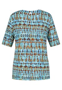 Top a maniche corte in tessuto azzurro chiaro con motivi astratti marroni e acquamarina. Taglio dritto, con scollo rotondo e un bottone sulla schiena.