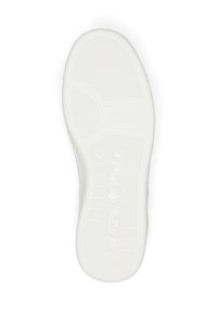 White rubber shoe sole with textured surface, featuring a logo imprint and patterned grip elements for enhanced traction. Size marked as 37.