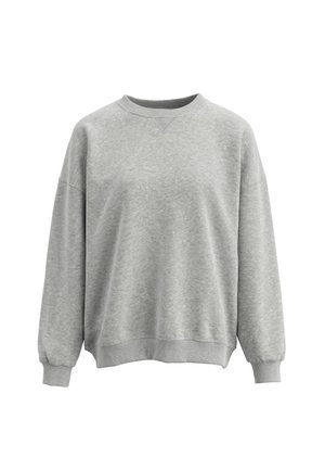 Lysegrå sweatshirt med rund hals, lange ærmer, ribstrikkede manchetter og kant, med en lille trekantet syning under halsudskæringen.