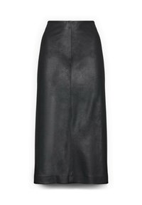 Czarna skórzana spódnica midi o gładkiej fakturze, z wysokim stanem i centralnym zamkiem błyskawicznym z tyłu. Prosty fason, bez wzorów i ozdób.