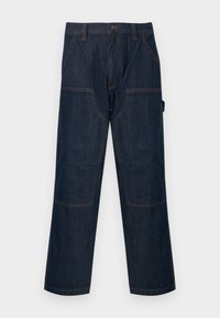 Μαύρο-μπλε τζιν παντελόνι εργασίας με ίσια πόδια, ενισχυμένες επιδιορθώσεις στα γόνατα, πλαϊνές τσέπες, θηλιές για ζώνη και κούμπωμα με κουμπιά μπροστά.