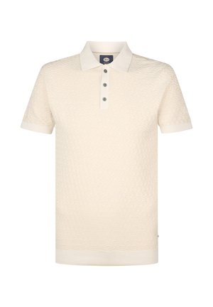 Korte mouwen polo shirt in crème met een gestructureerd patroon, knoopsluiting en ribgebreide kraag en zoom. Gemaakt van zachte gebreide stof.
