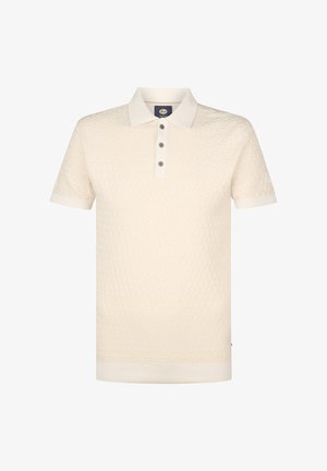 Korte mouwen polo shirt in crème met een gestructureerd patroon, knoopsluiting en ribgebreide kraag en zoom. Gemaakt van zachte gebreide stof.
