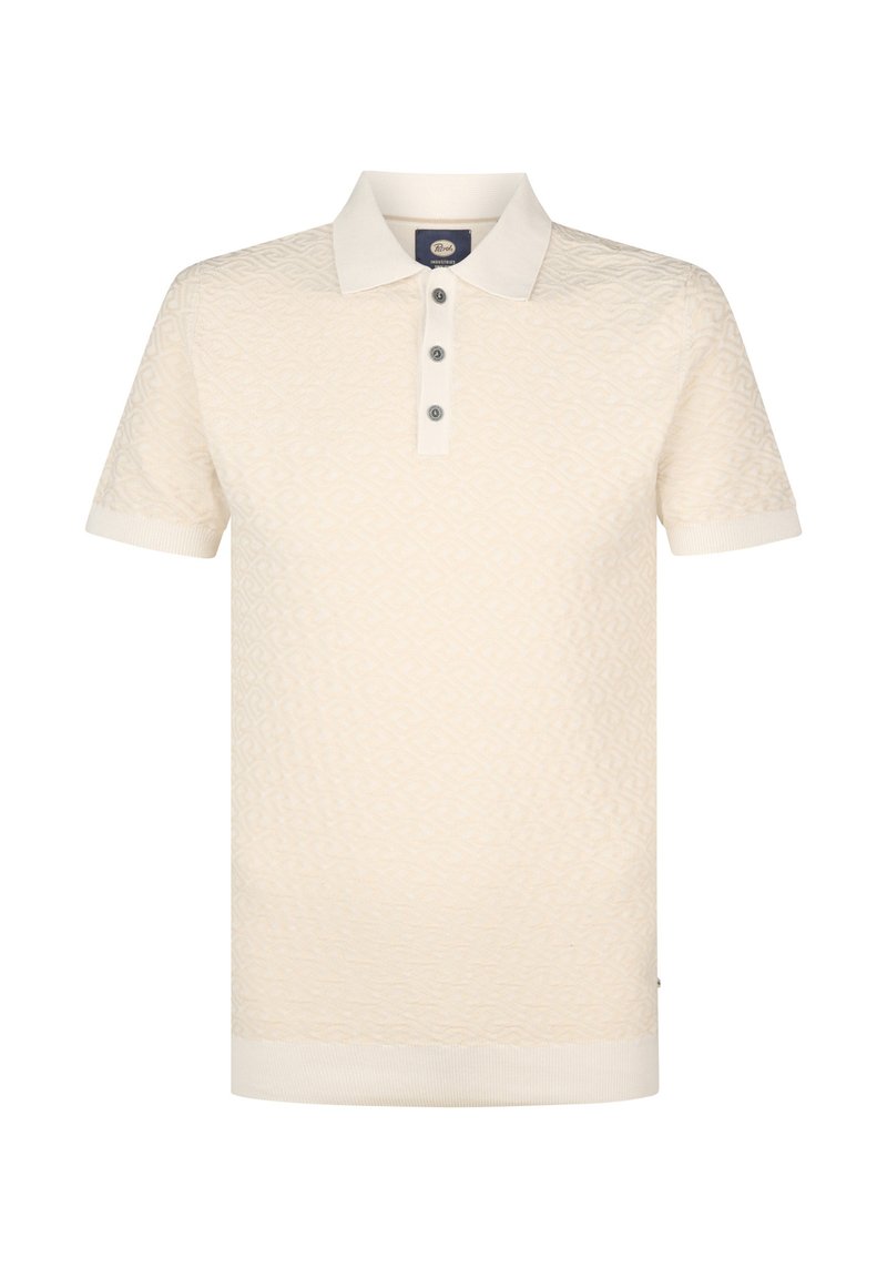 Korte mouwen polo shirt in crème met een gestructureerd patroon, knoopsluiting en ribgebreide kraag en zoom. Gemaakt van zachte gebreide stof.