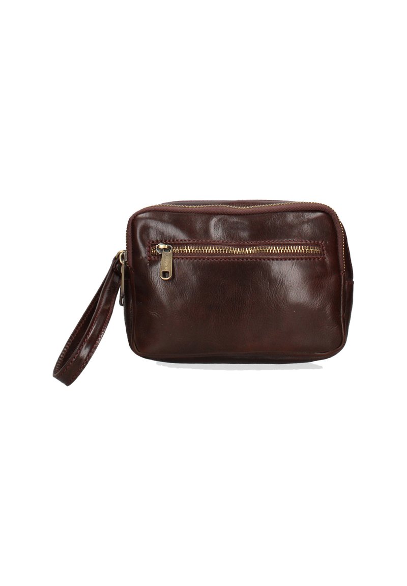 Borsa in pelle marrone con zip color oro, forma rettangolare, bordi arrotondati e una tracolla rimovibile. Tasca frontale con dettaglio a zip.
