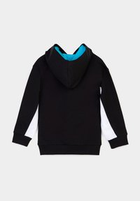 Felpa nera con cappuccio, dotata di fodera interna turchese, pannelli laterali bianchi e polsi a coste. Materiale morbido con vestibilità rilassata.