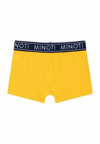 Žute pamučne bokserice s tamnoplavim elastičnim pojasom na kojem se ponavlja naziv branda "MINOTI." Glatka tekstura, srednje dužine.