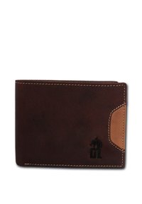Portefeuille en cuir marron avec une texture lisse, présentant un accent beige et un design embossé. Couture détaillée le long des bords.