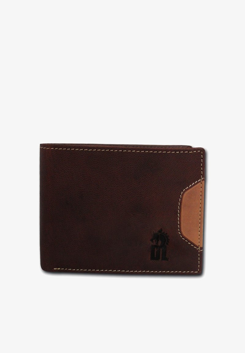 Brown leather wallet with a smooth texture, featuring a tan accent and embossed design. Detailed stitching along the edges.