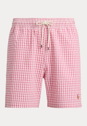 Rózsaszín és fehér kockás fürdőnadrág rugalmas derékpánttal és fehér zsinórhúzóval, bal lábán apró hímzett logóval.