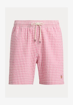 Pantaloncini da bagno a quadretti rosa e bianchi con fascia elastica in vita e coulisse bianca, con piccolo logo ricamato sulla gamba sinistra.