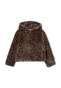 Felpa con cappuccio in pelliccia sintetica con stampa leopardata, maniche lunghe e zip frontale, progettata per calore e stile.